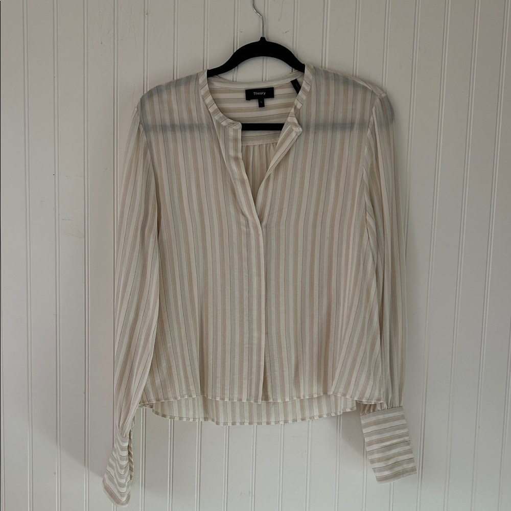 Theory Ivory with brown neutral Stripes Sz Small Blouse